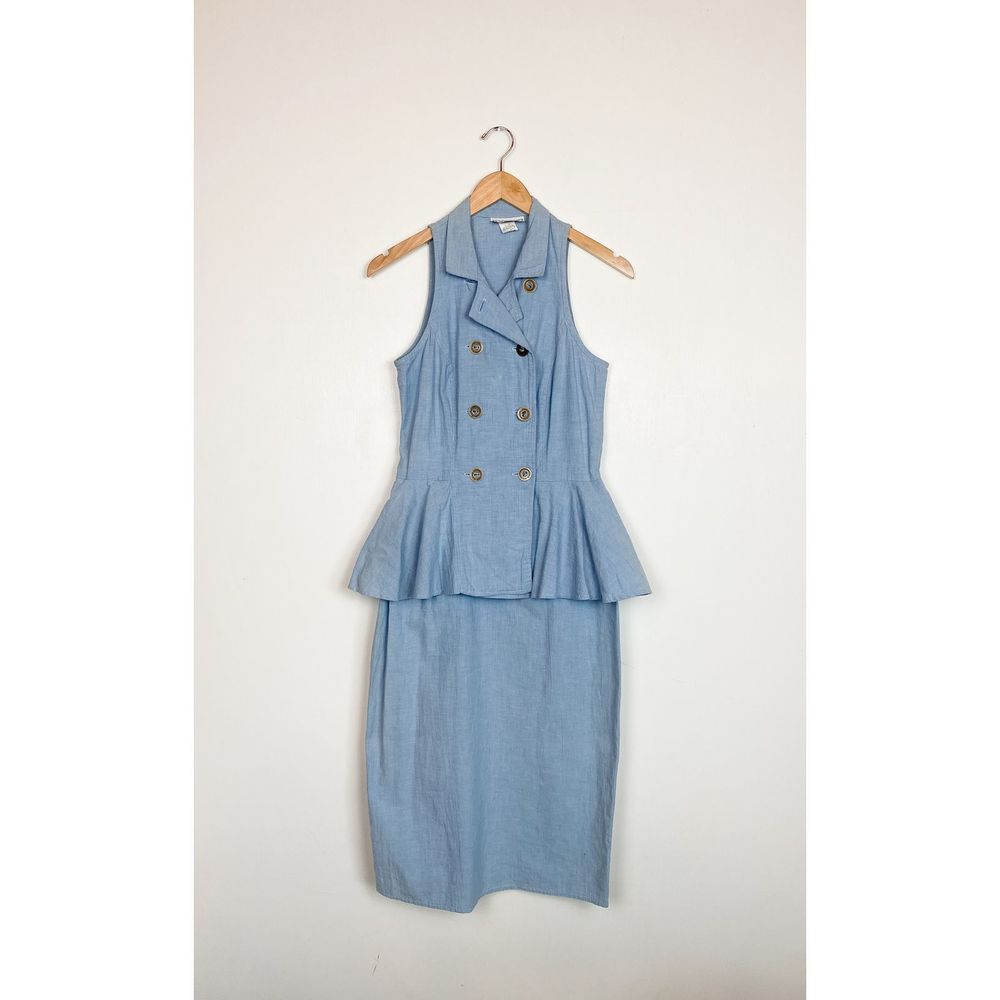 Vintage 80s Peplum Chambray Sleeveless Dress